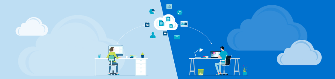 Artikelbild Cloud Service - Grafik Arbeitende an Schreibtisch mit Cloud